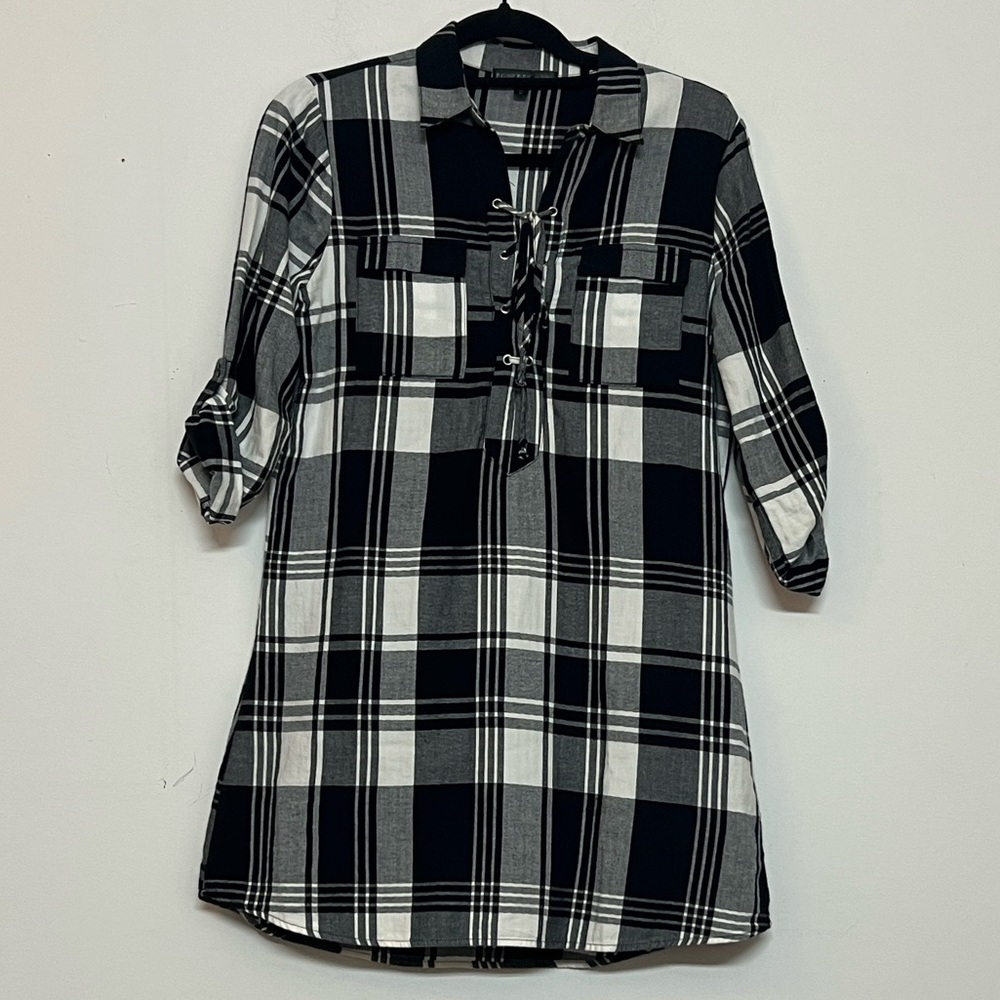 ⭐️ Society Girl Black & White Plaid lace up Dress w/ button tab sleeves women S